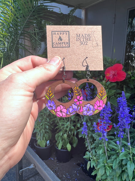 Hand painted Floral Walnut Earrings